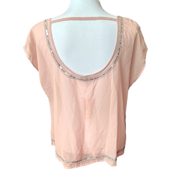 NWT Decree Peach See-Through Tunic with striped back Sequins Round Neck Size L - Picture 3 of 6